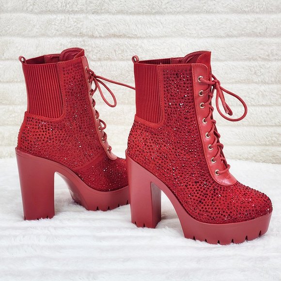 Barri Bright Red Rhinestone Chunky Heel Platform Ankle Boots - Picture 1 of 14